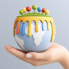 Hand Holding Miniature Earth with Colorful Pins and Dripping Paint