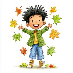 Happy Child Playing with Colorful Autumn Leaves Illustration