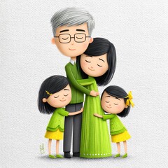 Happy Family Embrace Grandparents and Grandchildren in Light Green Digital Illustration