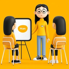 3D Animated Women in Yellow Giving Presentation on Yellow Background