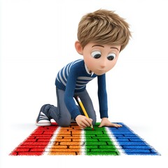 3D Rendered Boy Drawing Colorful Stripes
