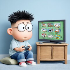 3D Rendered Cartoon Boy Playing Video Games on Television
