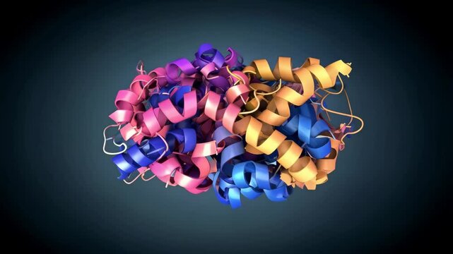 Colorful protein structure rendered on a dark background showing the complex folded polypeptide chain forming a globular shape