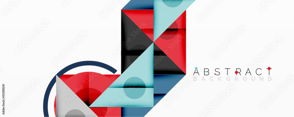 Poster geometric shapes overlap, creating modern abstract design. red, blue, cyan colors dominate compositi