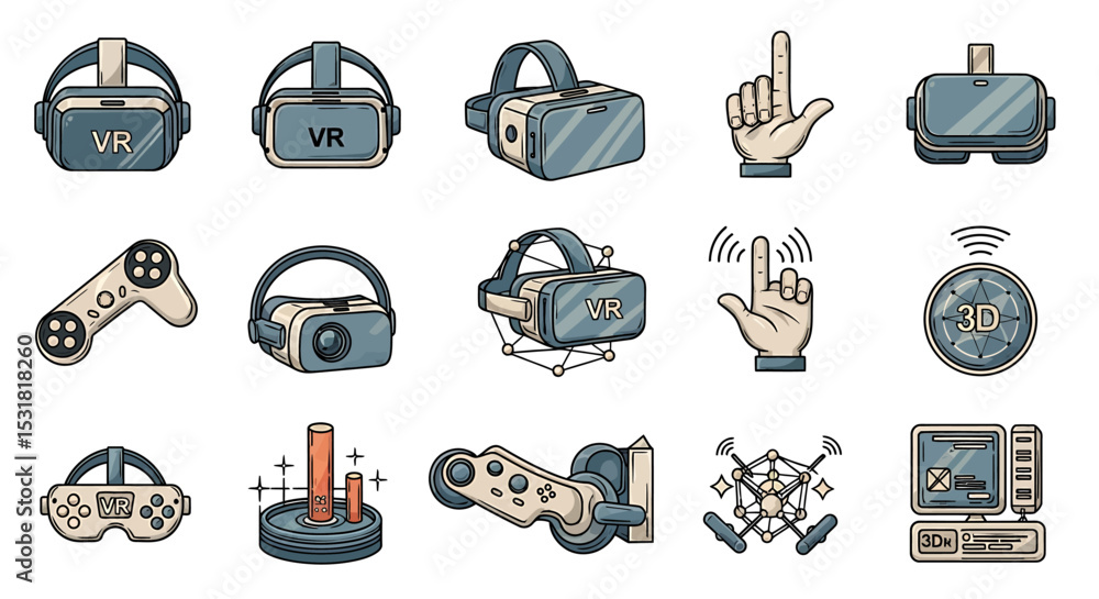 Poster vector icons set of virtual reality and gaming icons headsets controllers and 3d technology. vector 