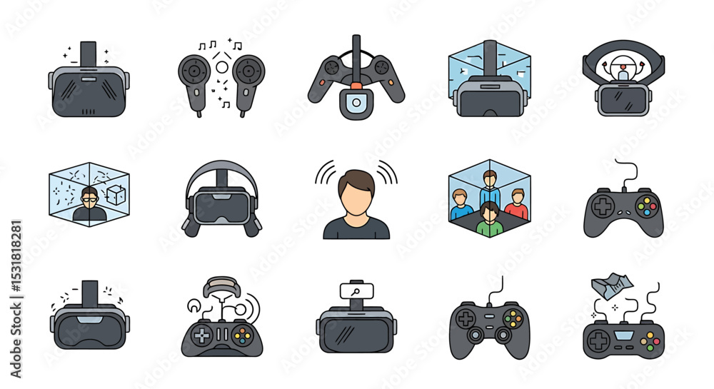 Aufkleber vector icons set of virtual reality headset and controller icons set. vector illustrations