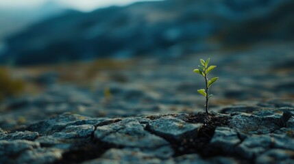 A small plant growing through cracked, dry earth, representing perseverance in a harsh environment, 