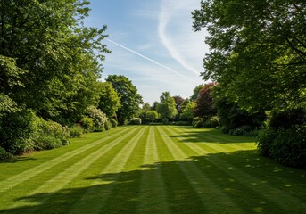 A perfectly manicured lawn with neatly trimmed stripes stretches between rows of lush green trees