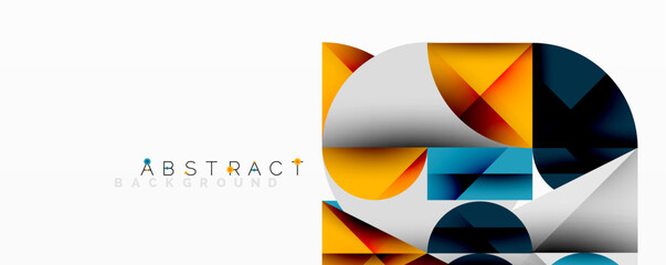 Geometric shapes overlap creating vibrant modern design. Orange, blue, white tones dominate composition. Minimalist aesthetic.
