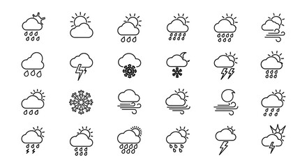 Vector Icons Set of Weather Forecast Outline Icons Sun Clouds Rain Snow Wind and Lightning. Vector Illustrations