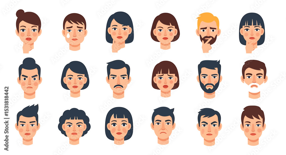 Poster vector icons set of diverse array of cartoon faces displaying various emotions and expressions. vect
