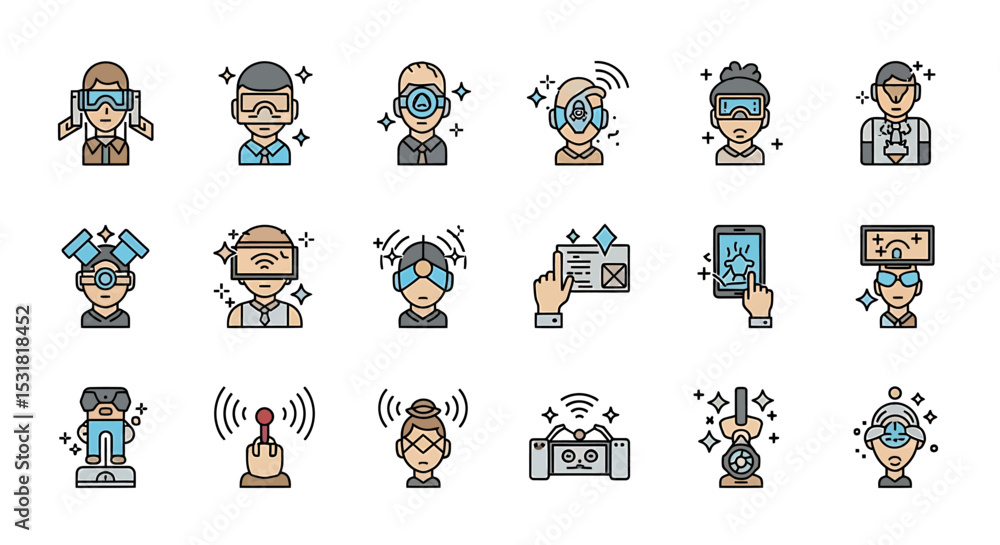 Poster vector icons set of diverse avatars wearing virtual reality headsets and interacting with digital in
