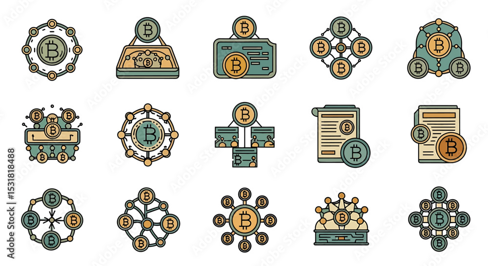 Poster vector icons set of diverse bitcoin network icons with various transactions. vector illustrations