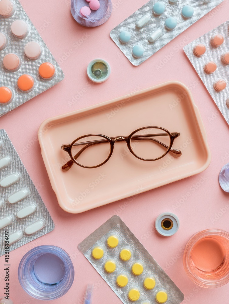 Aufkleber vision training tools arranged on a clinical tray with a pastel background featuring prescription gl