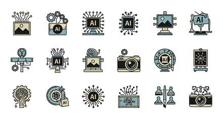 Vector Icons Set of Diverse AI Icons Depicting Technology Art and Machine Learning Concepts. Vector Illustrations