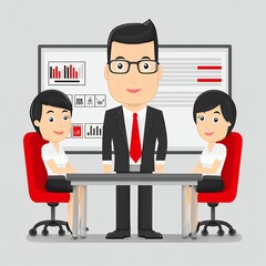 Business Team Meeting Illustration of Three Professionals in Modern Office