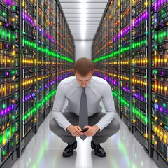 Businessman Using Smartphone in Brightly Lit Server Room