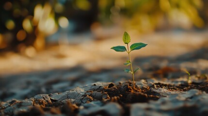 A small plant growing through cracked, dry earth, representing perseverance in a harsh environment, 