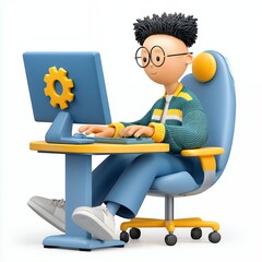 Cartoon Boy Using Computer in Blue Chair Digital Illustration
