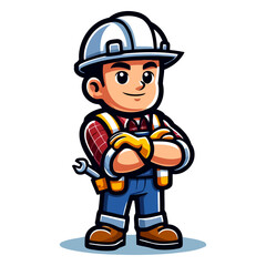 Fototapeta premium Construction Worker Cartoon Mascot: A cheerful illustration of a skilled construction worker, perfect for construction companies and related businesses.