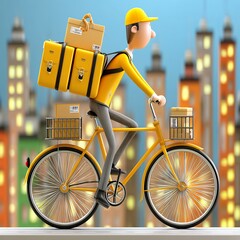 Cartoon Delivery Man on Yellow Bicycle at Night in City