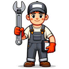 Obraz premium Cartoon Mechanic with Wrench and Blueprint: Expert Repair and Maintenance Services