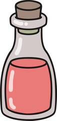 Condiments or drinks or potions in a glass bottle