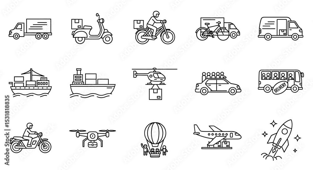 Poster vector icons set of diverse delivery methods icon set line art illustrations. vector illustrations