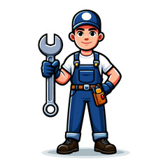 Cartoon Mechanic with Wrench: Repair, Maintenance, and Service
