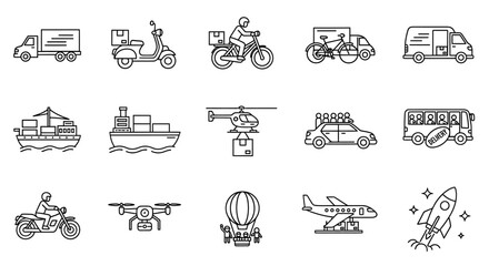 Vector Icons Set of Diverse Delivery Methods Icon Set Line Art Illustrations. Vector Illustrations