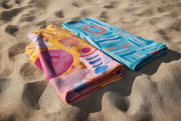 Two colorful beach towels with playful patterns laid on the sand for a relaxing time in the sun.