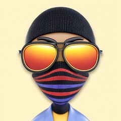 Cartoon Person in Knit Cap and Mirrored Sunglasses with Striped Face Mask