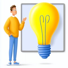 Cartoon Man Presenting a Large Yellow Lightbulb on Whiteboard