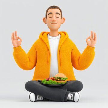 Cartoon Man Meditating with Food 3D Rendered Illustration