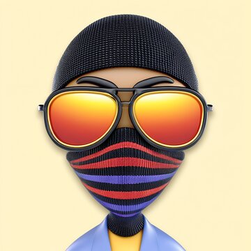 Cartoon Person in Knit Cap and Mirrored Sunglasses with Striped Face Mask