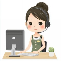 Cheerful Cartoon Customer Service Representative at Desk