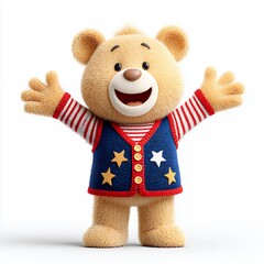 Cheerful Cartoon Teddy Bear in Blue Vest Against White Background