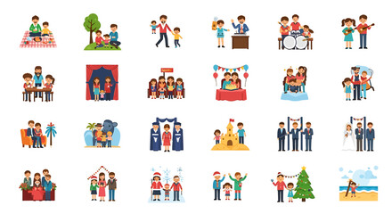 Fototapeta premium Vector Icons Set of Diverse Family Moments Illustrated Scenes of Life Love and Togetherness. Vector Illustrations