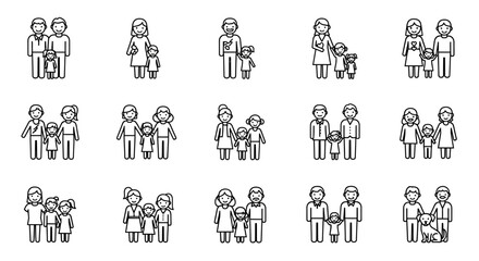 Fototapeta premium Vector Icons Set of Diverse family icons parents children and a dog in simple black outline. Vector Illustrations