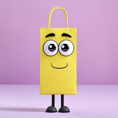 Cheerful Yellow Paper Bag Cartoon Character on Pink Background