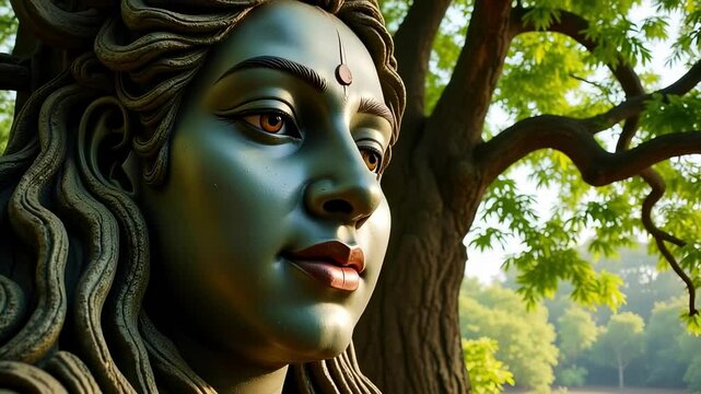 Serene Krishna Murti Face Beneath Banyan Tree Shade in Peaceful Garden 4k Footage