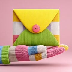 Colorful Knitted Envelope Held in Striped Mittens