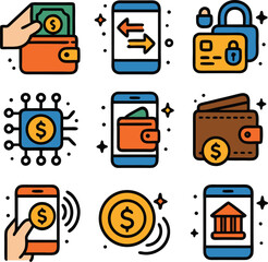 Icon Financial Technology Icons Set Featuring Digital Transactions, Security, and Banking Services in Vector Style
