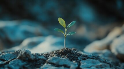 A small plant growing through cracked, dry earth, representing perseverance in a harsh environment, 