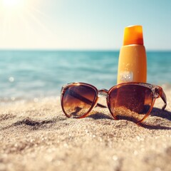 A pair of sunglasses and sunscreen bottle resting on the sand next to the water, perfect for a sunny day.