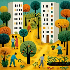 Community Garden in Urban Setting Vibrant Illustration of People Tending Plants