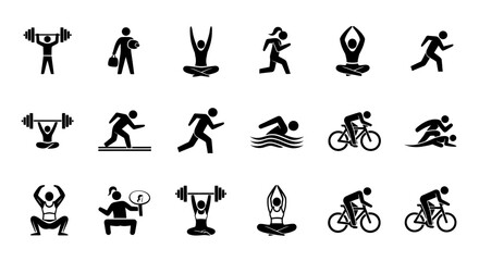Naklejka premium Vector Icons Set of Diverse Fitness Icons Depicting Various Exercises and Healthy Lifestyle Activities. Vector Illustrations
