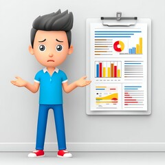Confused Cartoon Boy Reviewing Data Charts