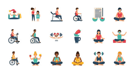 Fototapeta premium Vector Icons Set of Diverse health and wellness icons featuring fitness nutrition and mindfulness practices. Vector Illustrations