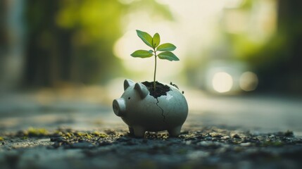 A small plant sprouting from a cracked piggy bank, symbolizing the resilience of financial investments 